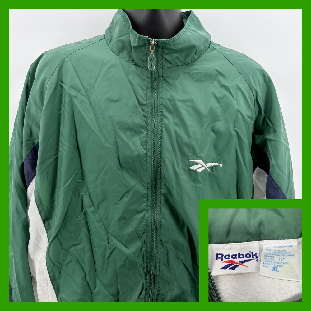 VTG 90s Reebok Vector Windbreaker Jacket XL Green White Navy Blue Colorblock Zip